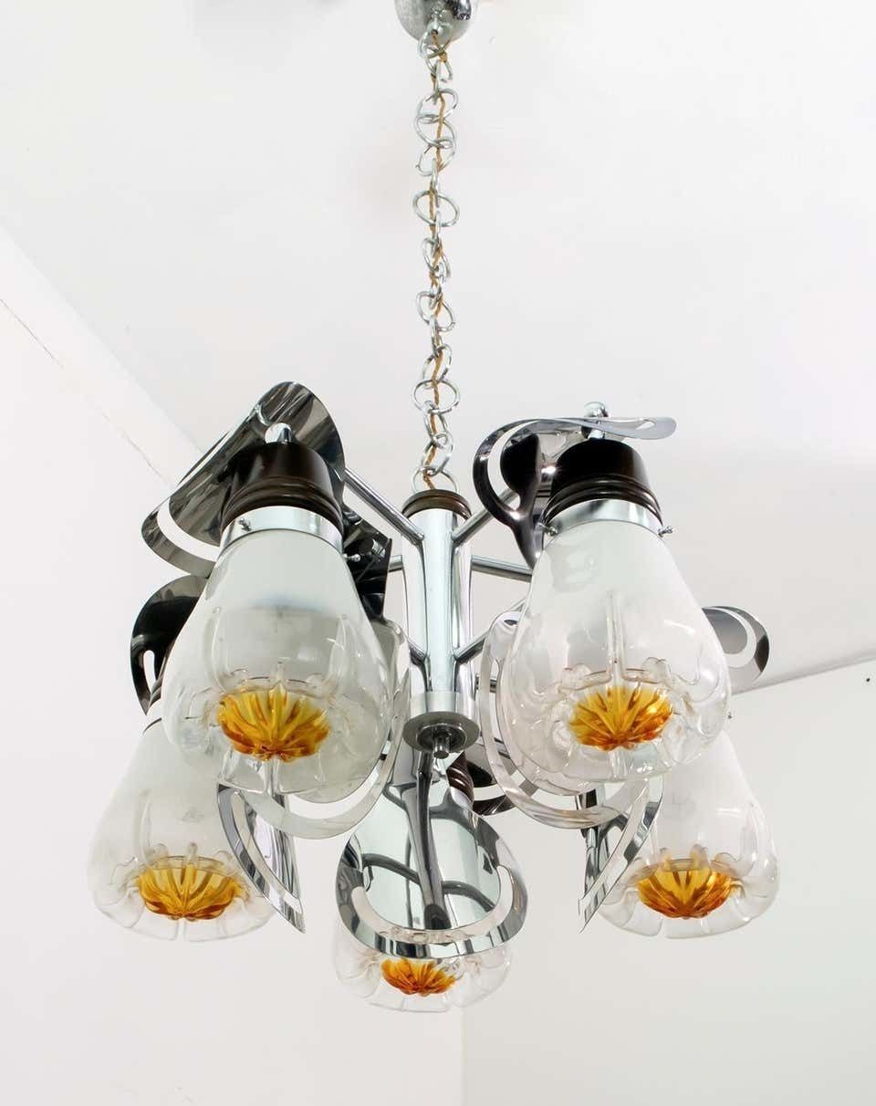Mazzega Mid Century Modern Italian Murano Glass And Steel Chandelier, 1970s
