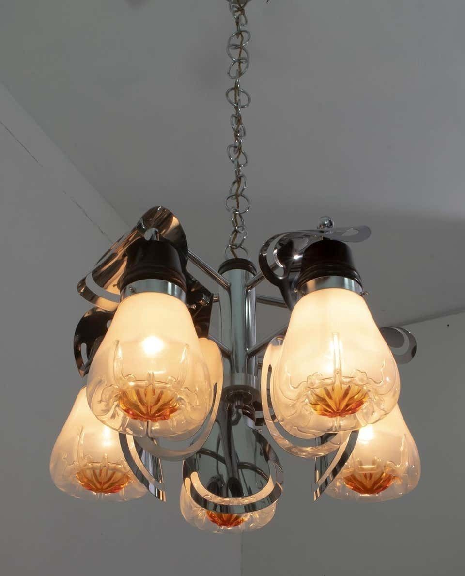 Mazzega Mid Century Modern Italian Murano Glass And Steel Chandelier, 1970s photo for sale