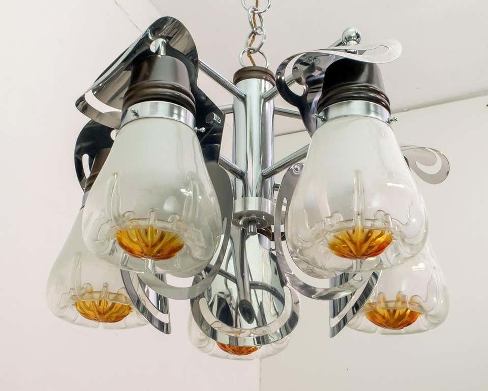 Mazzega Mid Century Modern Italian Murano Glass And Steel Chandelier, 1970s photo 1591.0
