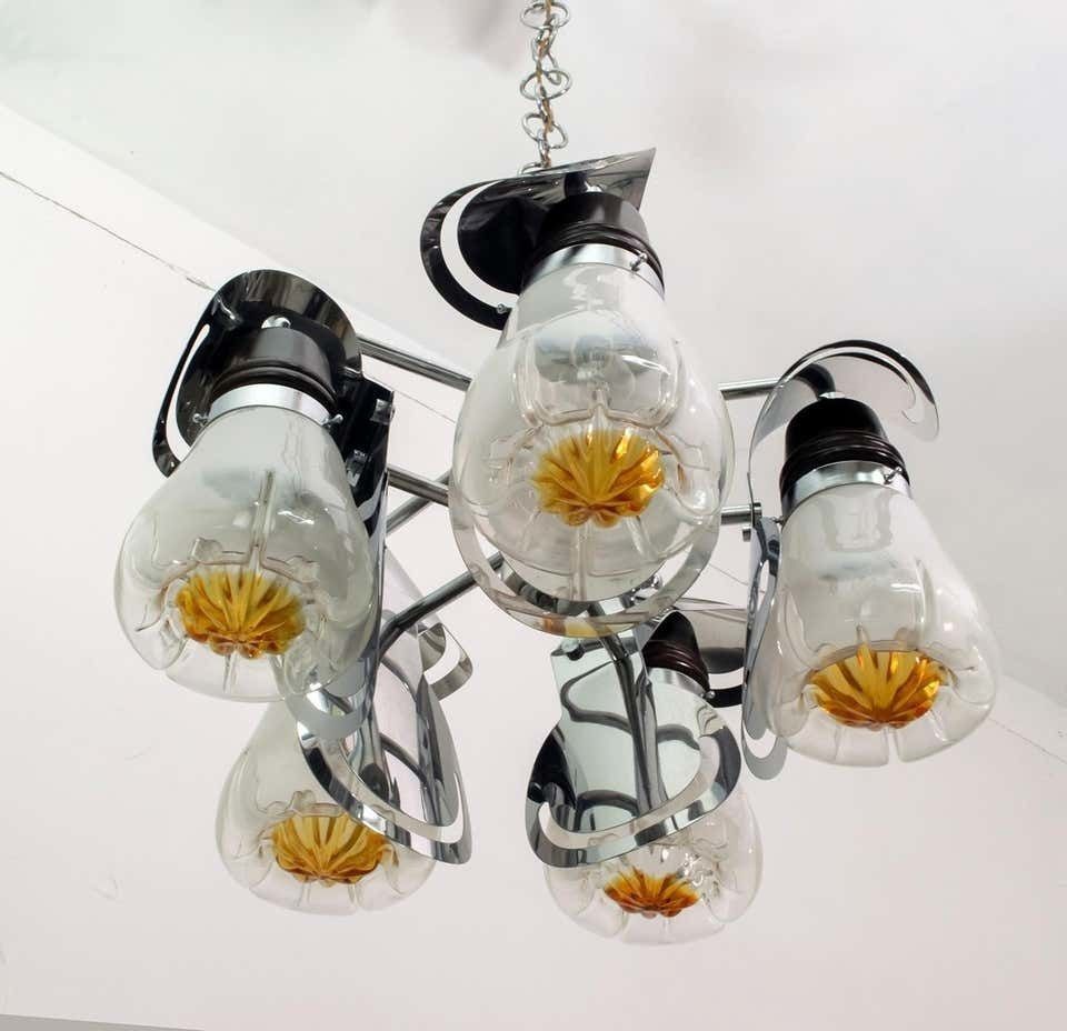 Mazzega Mid Century Modern Italian Murano Glass And Steel Chandelier, 1970s photo vinterior