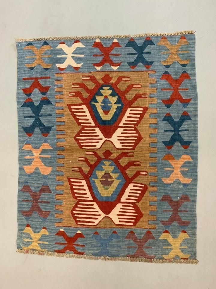 Small Vintage Turkish Kilim 107x86 Cm Wool Kelim Rug Red Blue Brown
