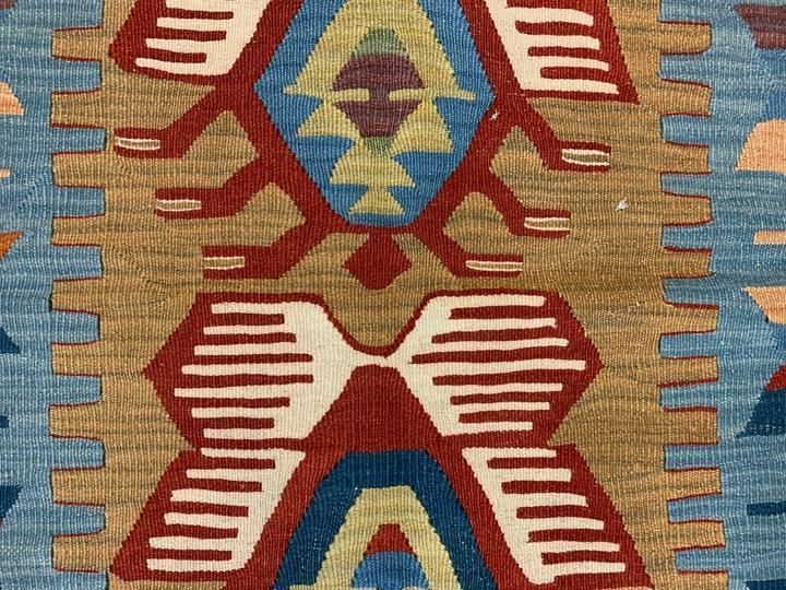 Small Vintage Turkish Kilim 107x86 Cm Wool Kelim Rug Red Blue Brown photo vinterior