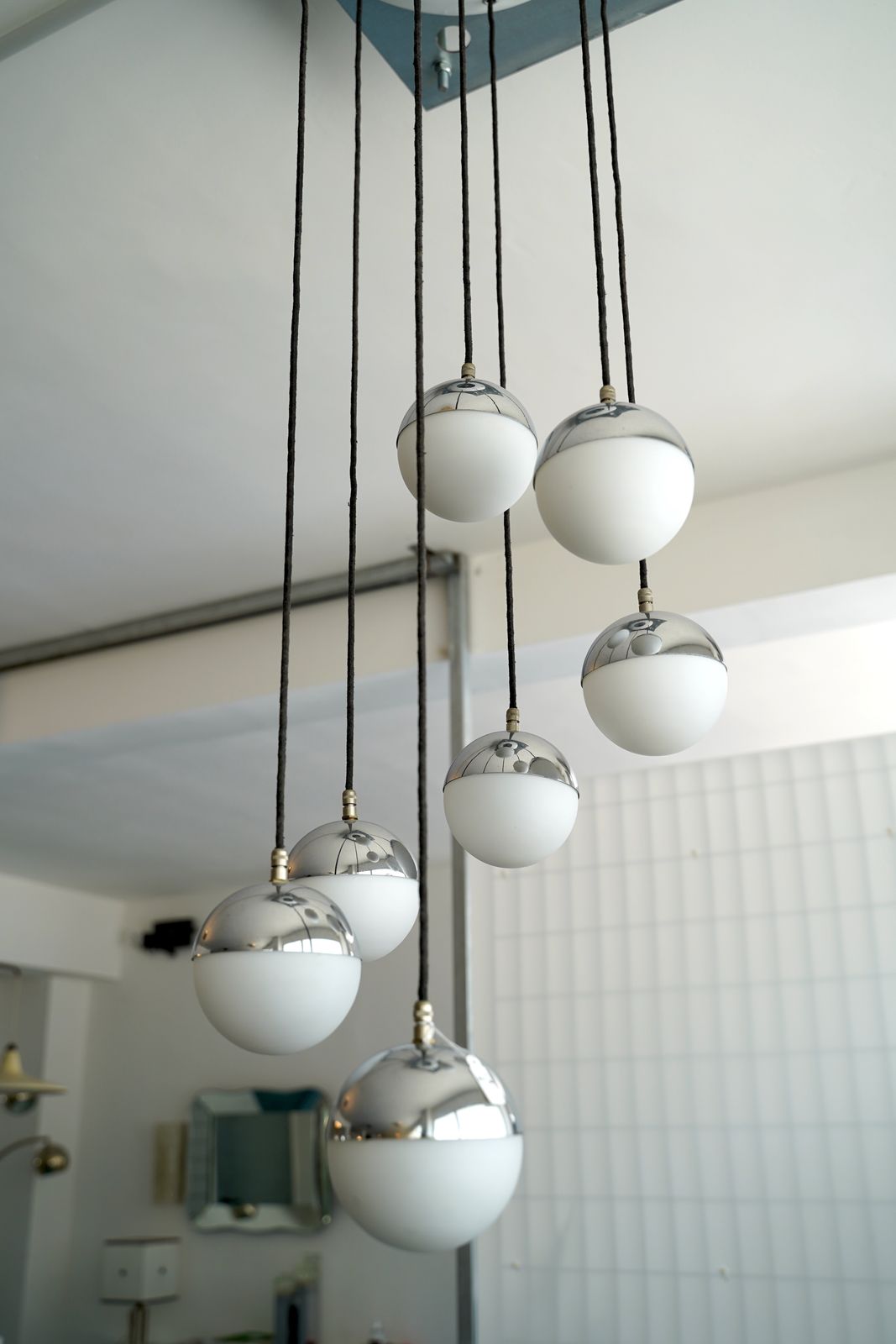 photo furniture Seven Opaline Glass Spheres Italian Pendant Chandelier By Stilnovo, 1960s