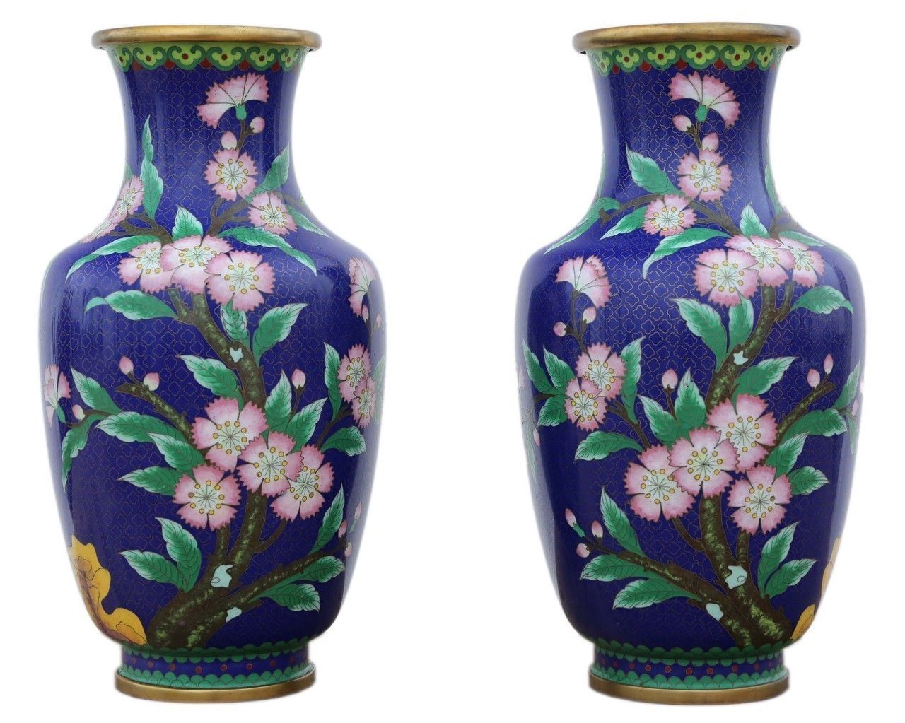 Pair Of Handed Mid 20th Century Chinese Cloisonne Vases.