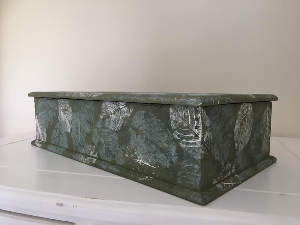 Large Hand Painted Wooden Box, Vintage Wooden Box, Leaf Pattern photo Home Decor
