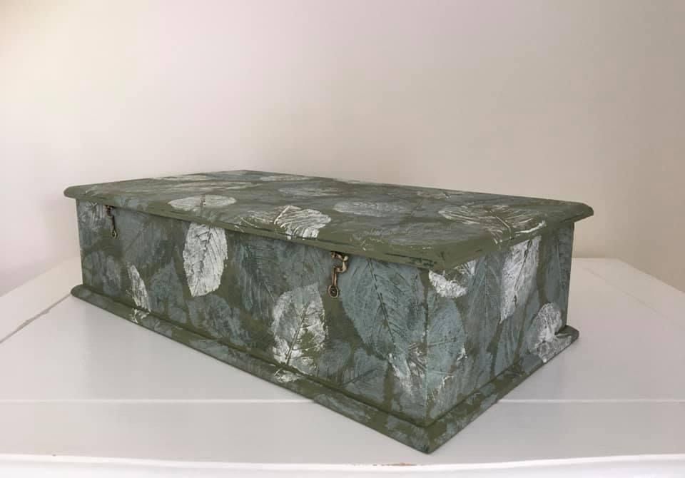 Large Hand Painted Wooden Box, Vintage Wooden Box, Leaf Pattern photo buy