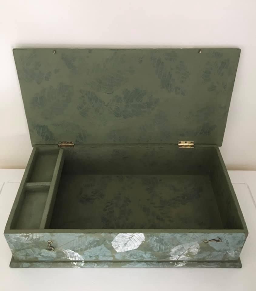 photo for sale Large Hand Painted Wooden Box, Vintage Wooden Box, Leaf Pattern