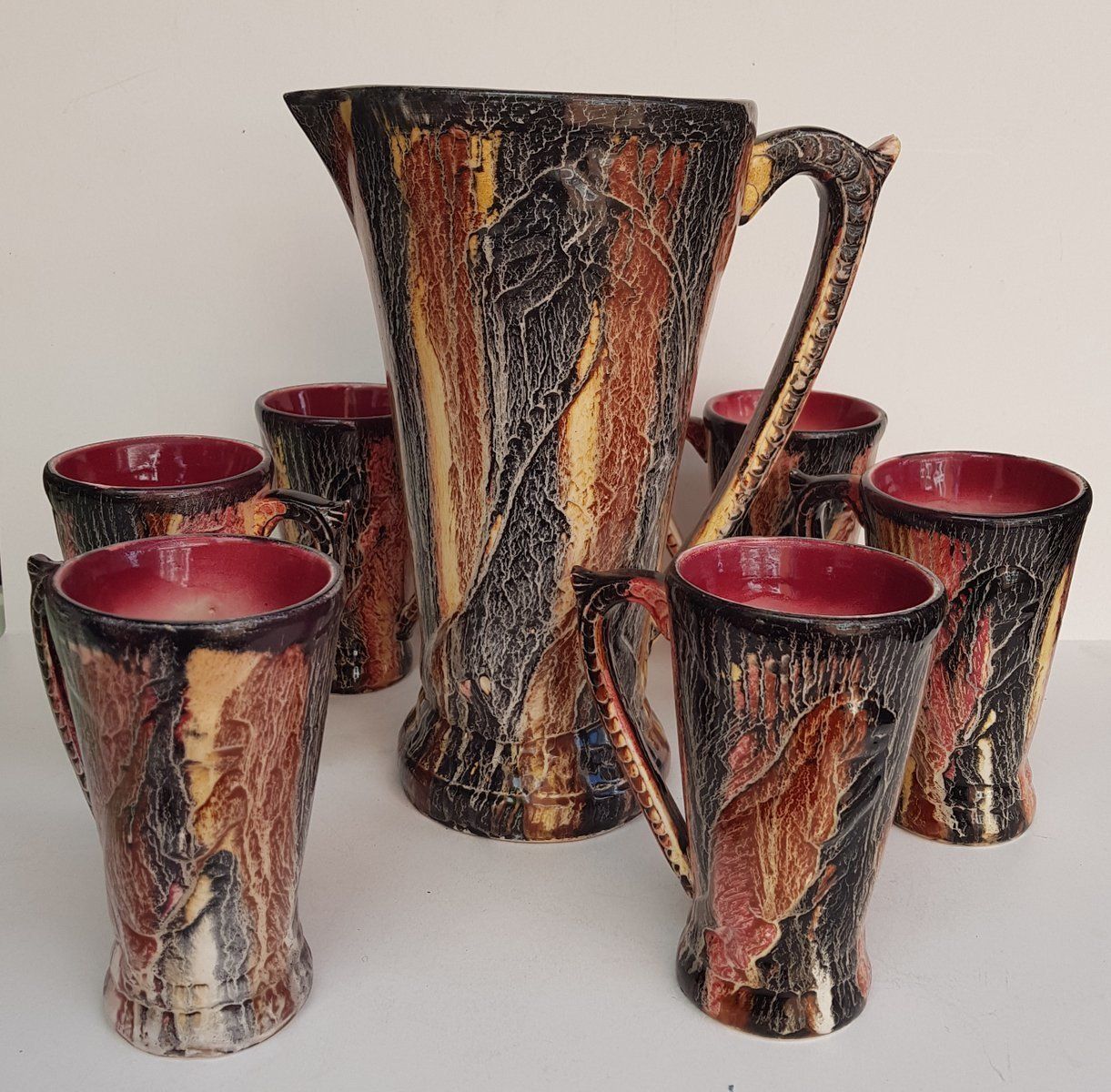 Art Deco Jug And Cups Set With A Dinosaure Pattern, 1940s, Set Of 7
