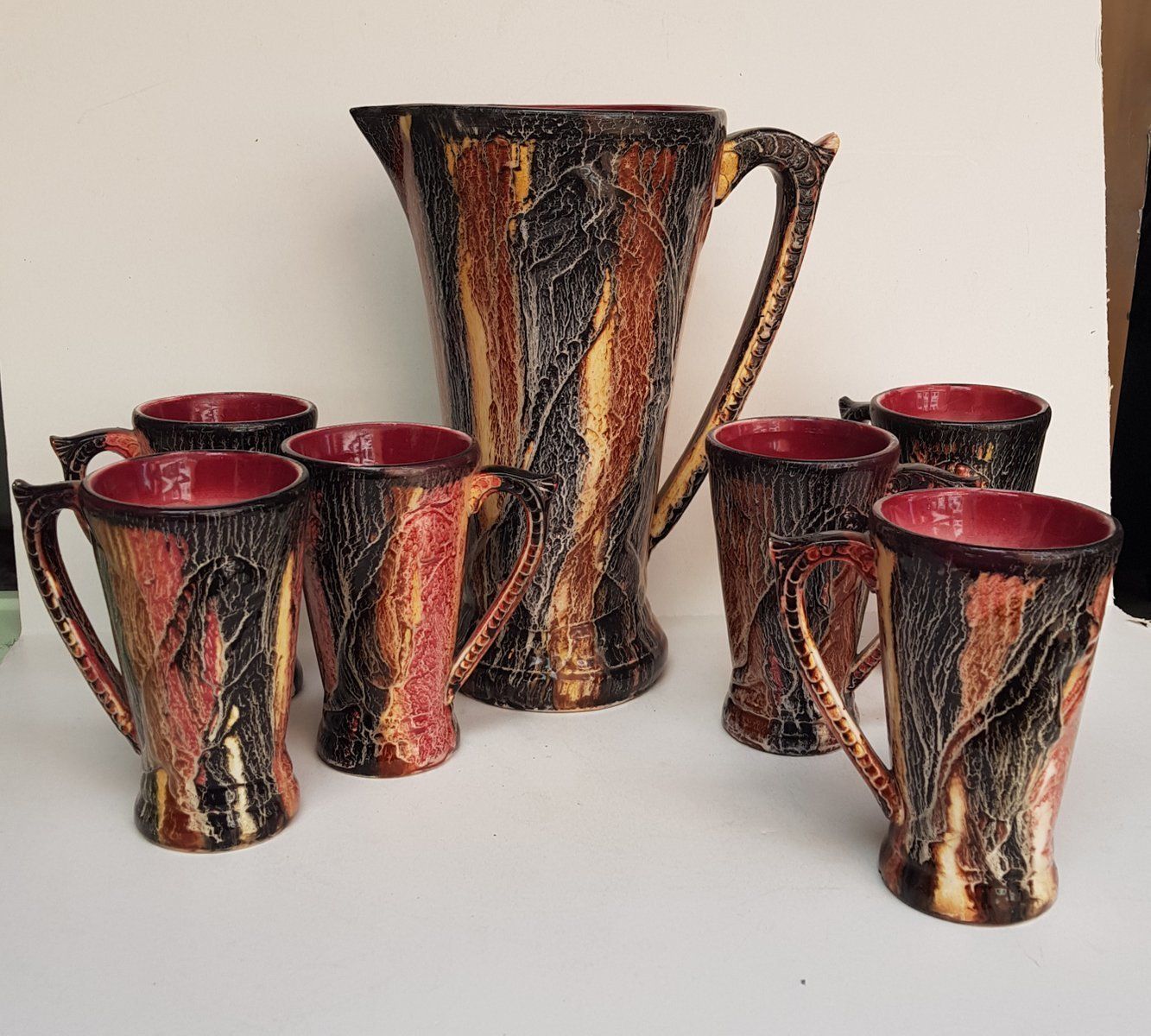 Art Deco Jug And Cups Set With A Dinosaure Pattern, 1940s, Set Of 7 photo 496.08