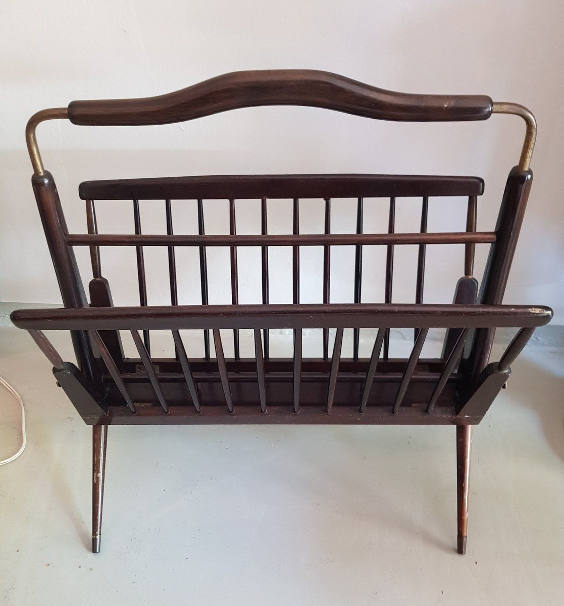 Italian Brass And Wood Magazine Rack By Cesare Lacca, 1950s