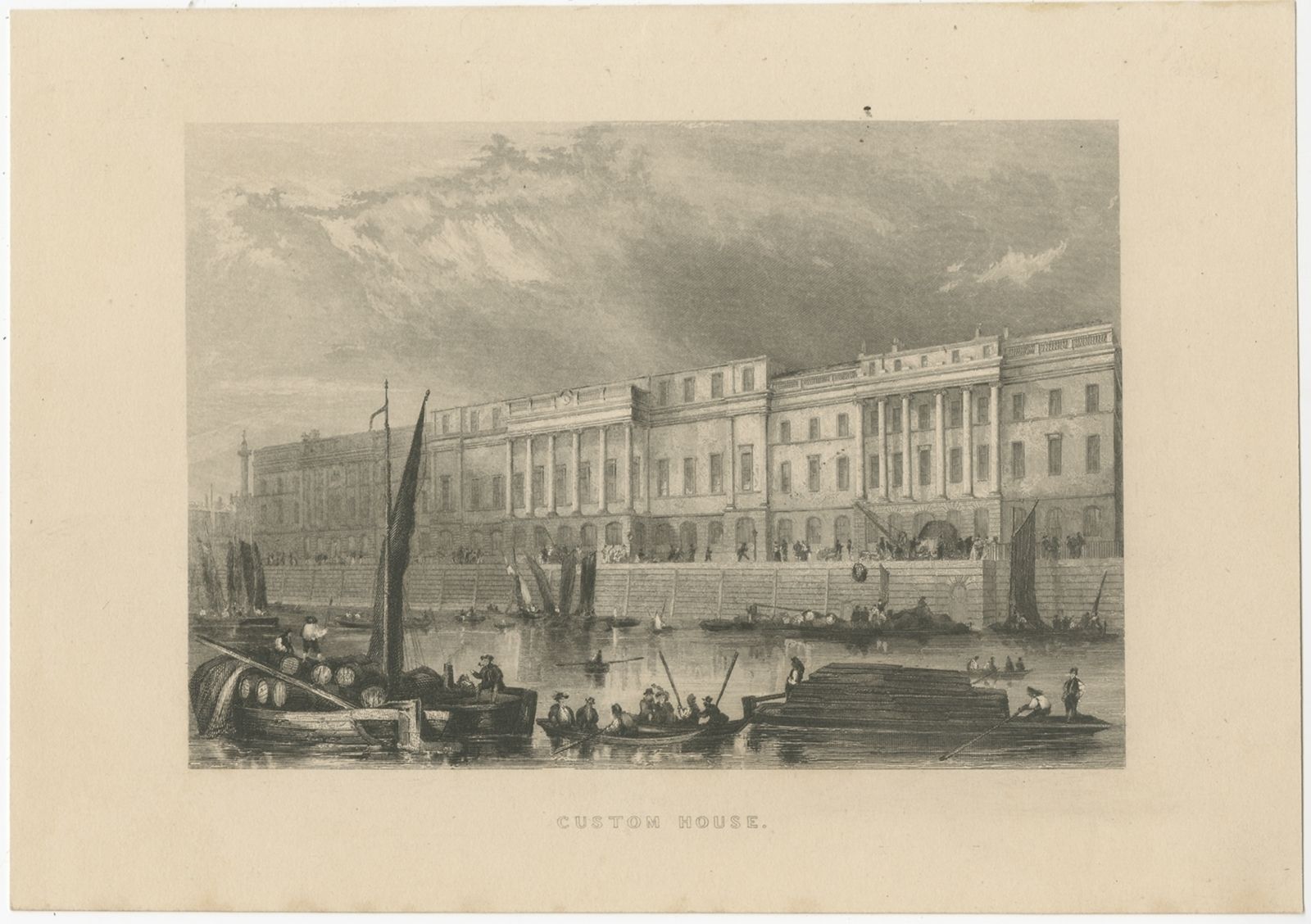 Antique Print Of The Custom House Of London (C.1840)