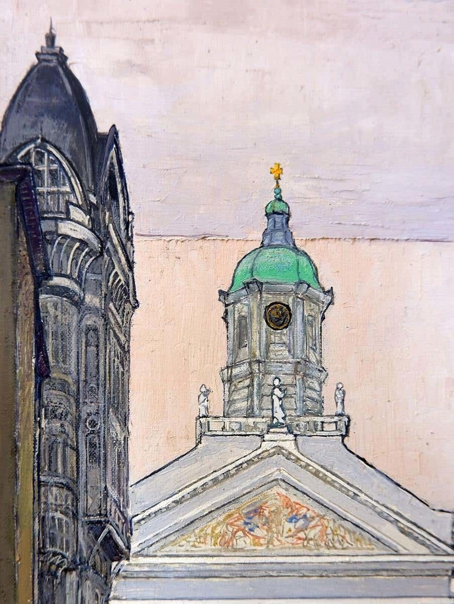 Brussels Street Scene Painting On Canvas, Victor Petré, Belgium, Circa 1960 photo buy