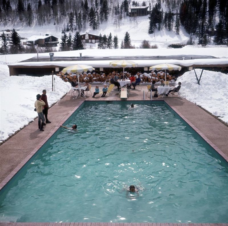 Slim Aarons 'Snow Round The Pool' 1964 C Type Print Framed In Black photo furniture