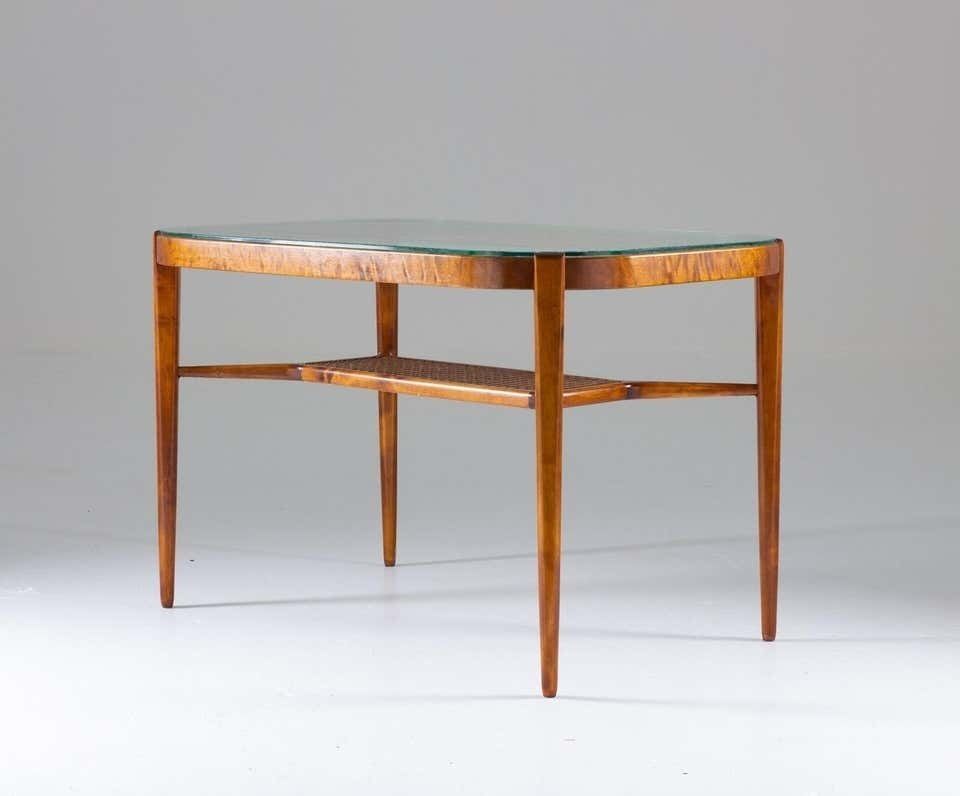 Swedish Modern Coffee Table In Birch, Glass And Rattan By Bodafors, 1940s photo for sale