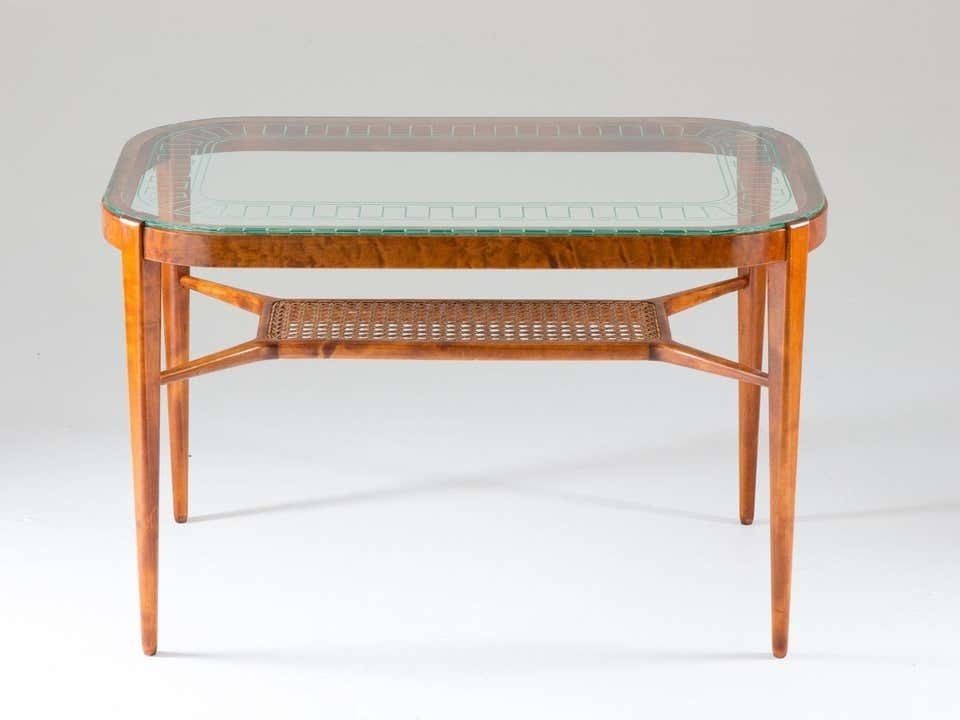Swedish Modern Coffee Table In Birch, Glass And Rattan By Bodafors, 1940s