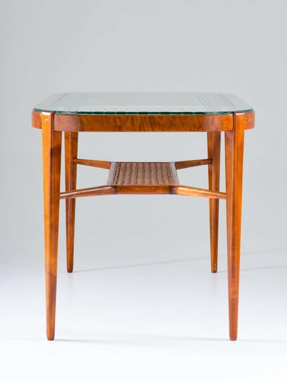 Swedish Modern Coffee Table In Birch, Glass And Rattan By Bodafors, 1940s photo vinterior