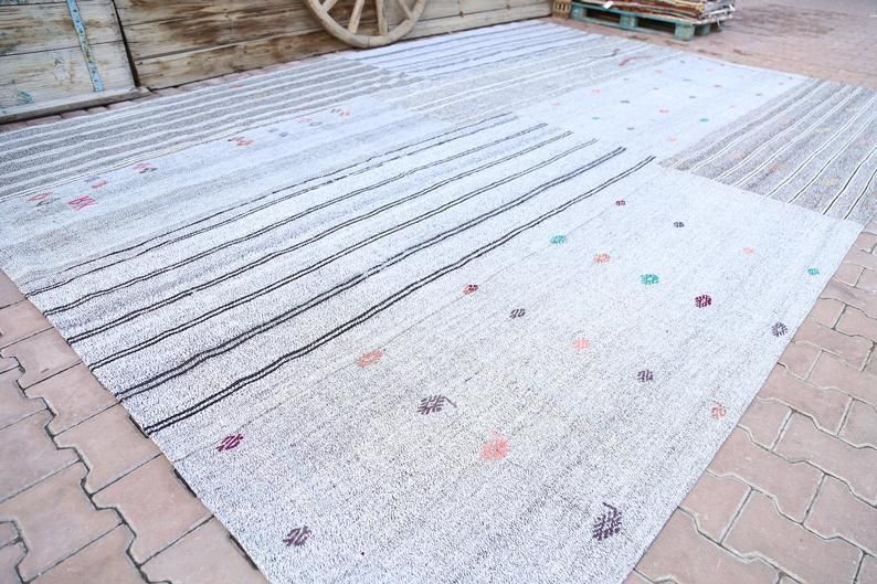 315x457 Cm Turkish Kilim, Flatweave Rug, Large Rug, Oushak Rug, Turkish Rug, Vintage Rug, Oversized Rug, White, Gray, Striped, Wool, Handwoven photo for sale