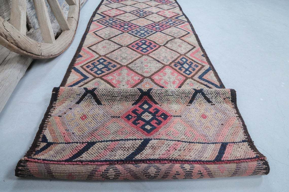 photo furniture 86x350 Cm Turkish Runner Rug, Pink Faded Beige, Wool Vintage Runner, Handmade, Oushak Turkish Rug, Hallway Runner, Home Decor, Diamond