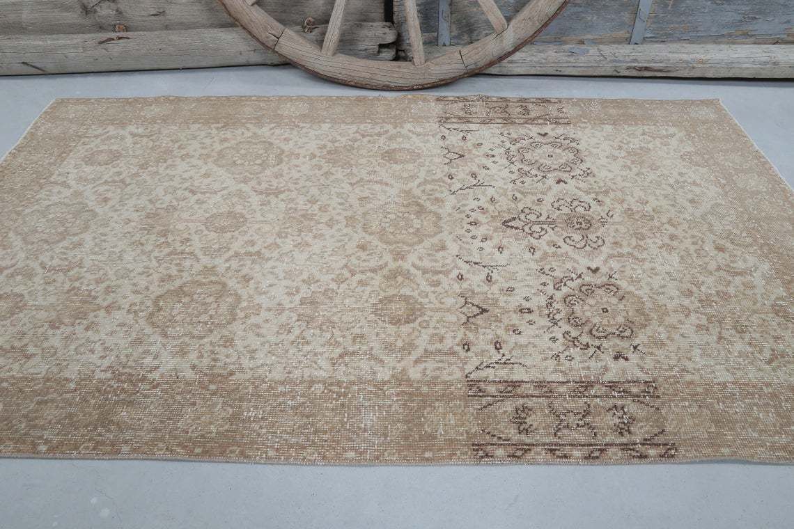 116x204 Cm Muted Beige Rug, Turkish Rug, Luxury Area Rug, Vintage Oushak Anatolian Rug, Ethnic Floral Rug, Distressed Rug, Runner Neutral Area photo for sale