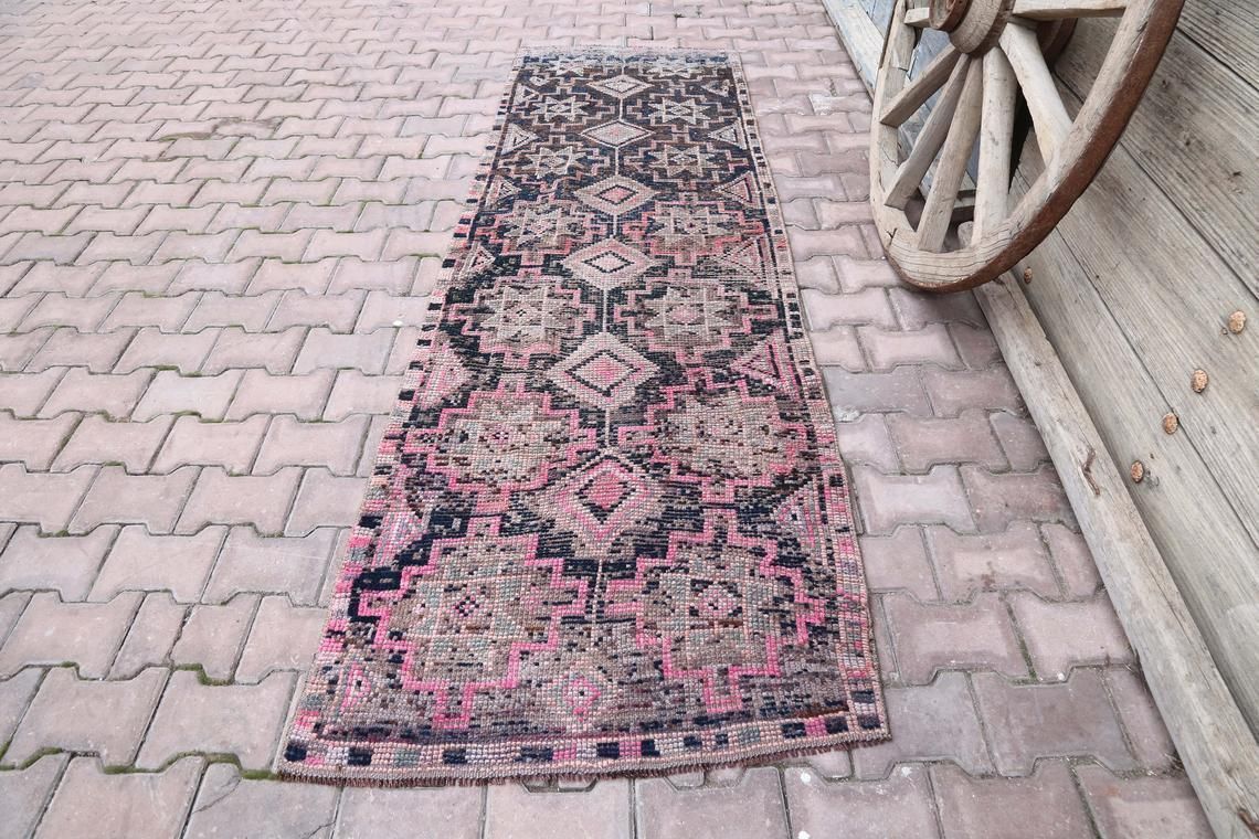 86x274 Cm Vintage Turkish Runner, Wool Rug Handmade, Oushak Runner, Turkish Rug, Hallway Runner, Farmhouse Decor, Rugs, Pink Faded Diamond 3x9