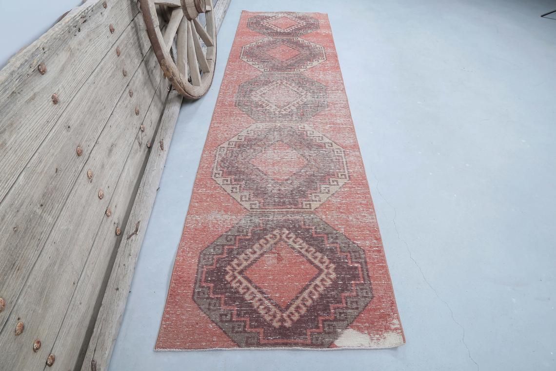93x356 Cm Turkish Oushak Vintage Runner, Wool, Handmade, Runner Rug, Turkish Rugs, Hallway Home Decor, Farmhouse Faded Art Deco Diamond