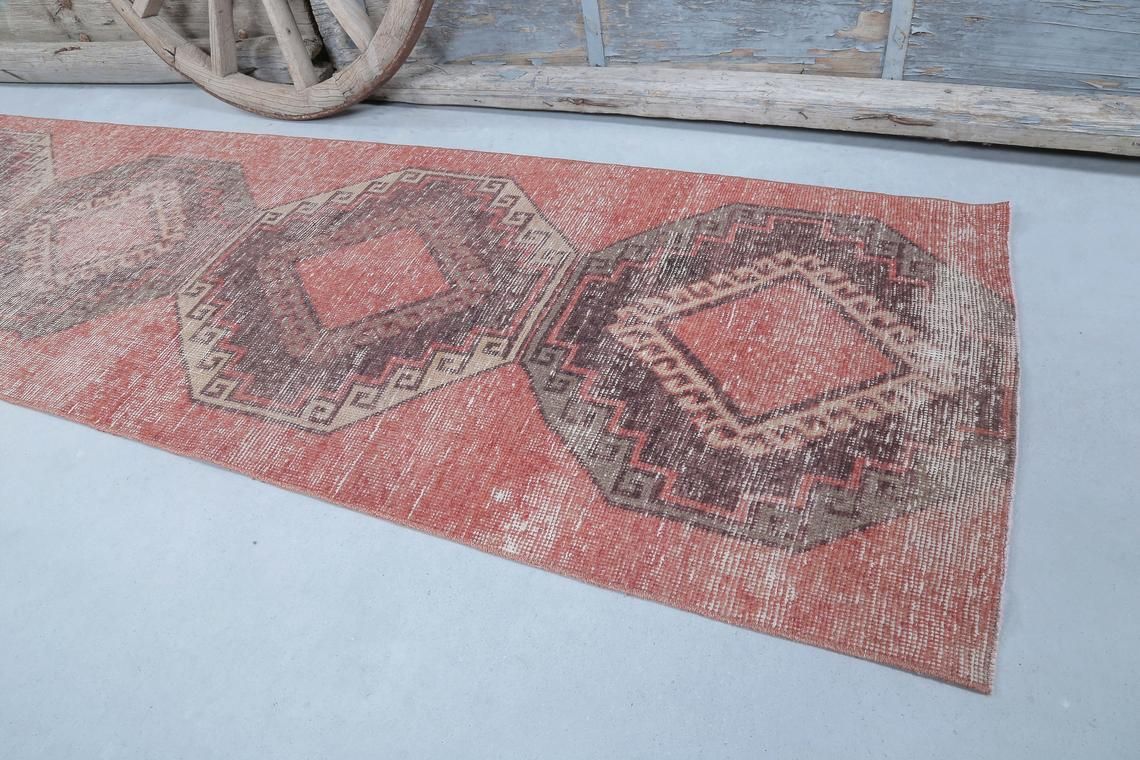 93x356 Cm Turkish Oushak Vintage Runner, Wool, Handmade, Runner Rug, Turkish Rugs, Hallway Home Decor, Farmhouse Faded Art Deco Diamond photo 318.0