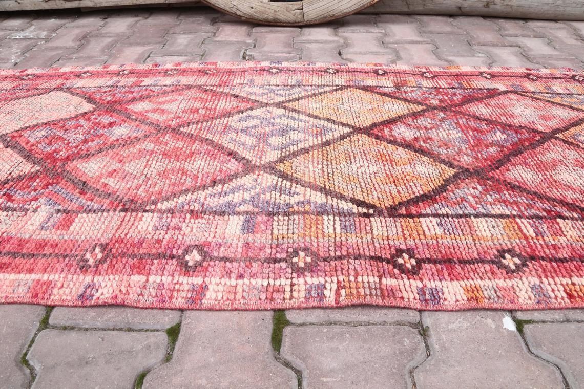 80x367 Cm Hallway Turkish Runner, Herki, Vintage Runner, Wool, Handmade, Oushak Bohemian, Long Runner, Geometric, Pink, Shabby Chic Rugs photo 380.0