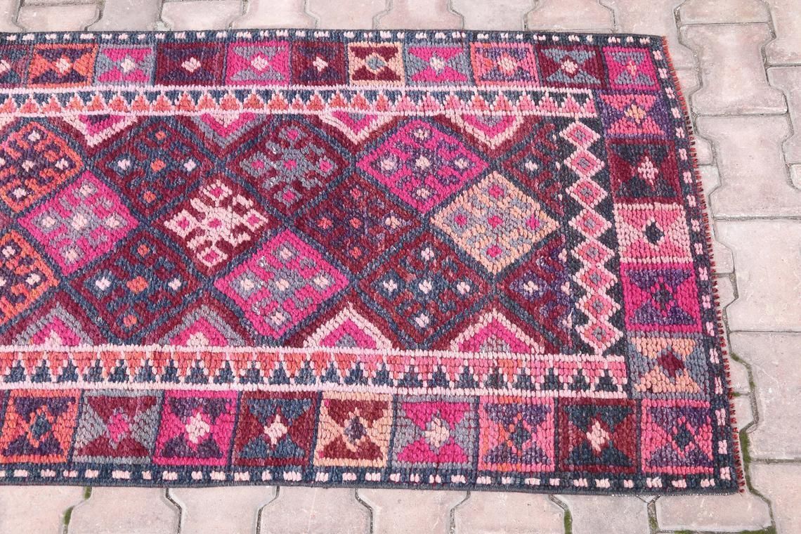 85x284 Cm Turkish Oushak Runner, Vintage Wool Runner, Handmade Turkish Rug, Hallway Home Decor, Pink Shabby Boho Chic Diamond Geometric photo buy