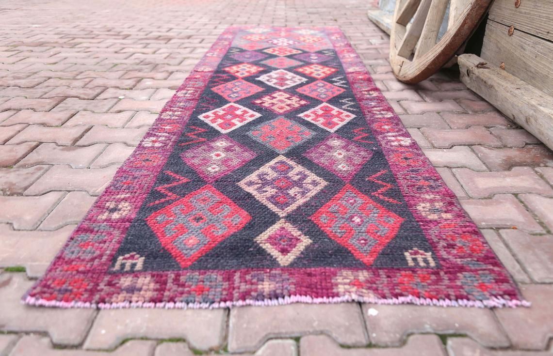 77x285 Cm Hot Pink Runner Rug, Purple Tones, Handmade Wool Geometric Long Rug, Turkish Vintage Rug, Hallway Runner, Corridor Rug, Shabby Chic photo for sale