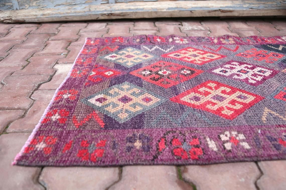 photo furniture 77x285 Cm Hot Pink Runner Rug, Purple Tones, Handmade Wool Geometric Long Rug, Turkish Vintage Rug, Hallway Runner, Corridor Rug, Shabby Chic