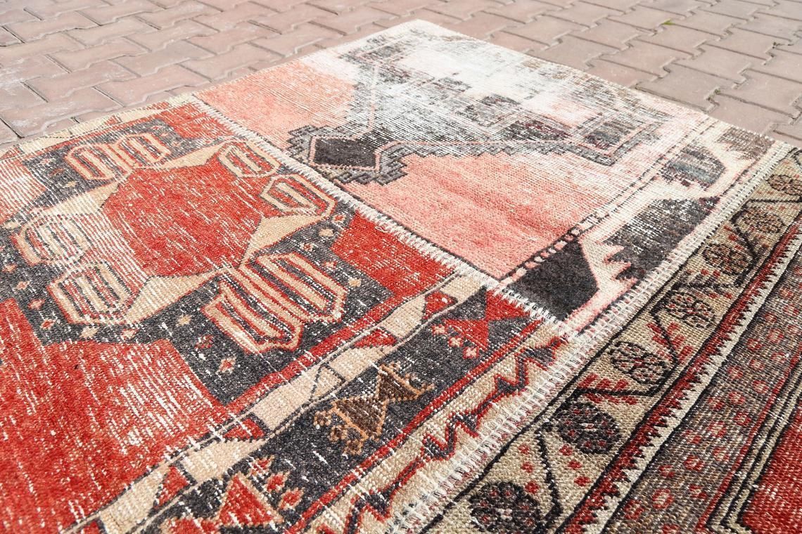 Turkish Area Rug, Patch Rug, Vintage Rug, Modern, Art, Oushak Bohemian Wool Patchwork Rug, Natural, Handmade, Farmhouse Decor photo Textiles