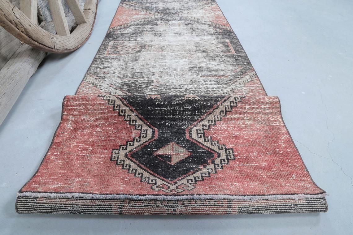 photo for sale 80x393 Cm Faded Red Turkish Runner Rug, Vintage Runners, Oushak Rugs, Perfect Boho Chic Luxury, Bohemian Wool Rug, Carpet, Teppich Geometric