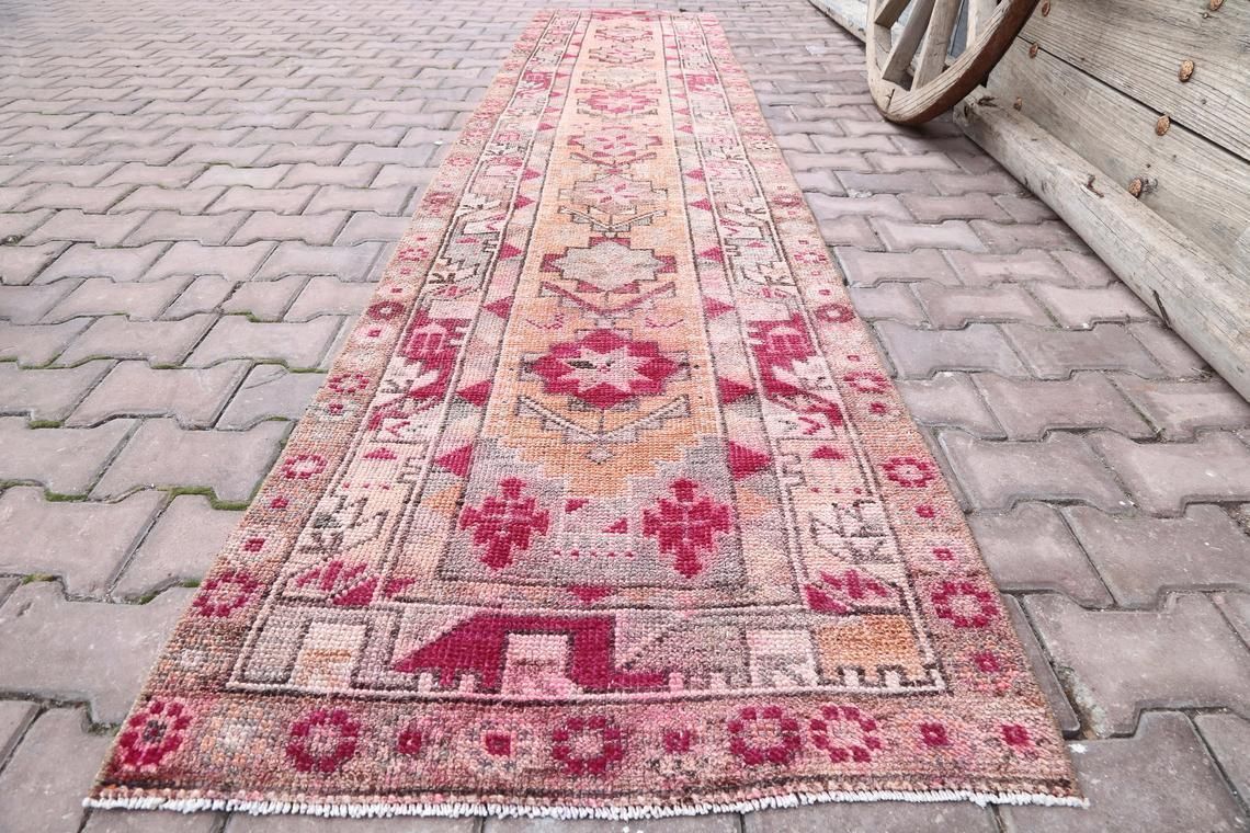 78x367 Cm Vintage, Runner Rug, Turkish Runner, Vintage Runner, Shabby Chic, Rug Runner, Orange, Pink, Peach, Home Decor, Runners, Unique Rug