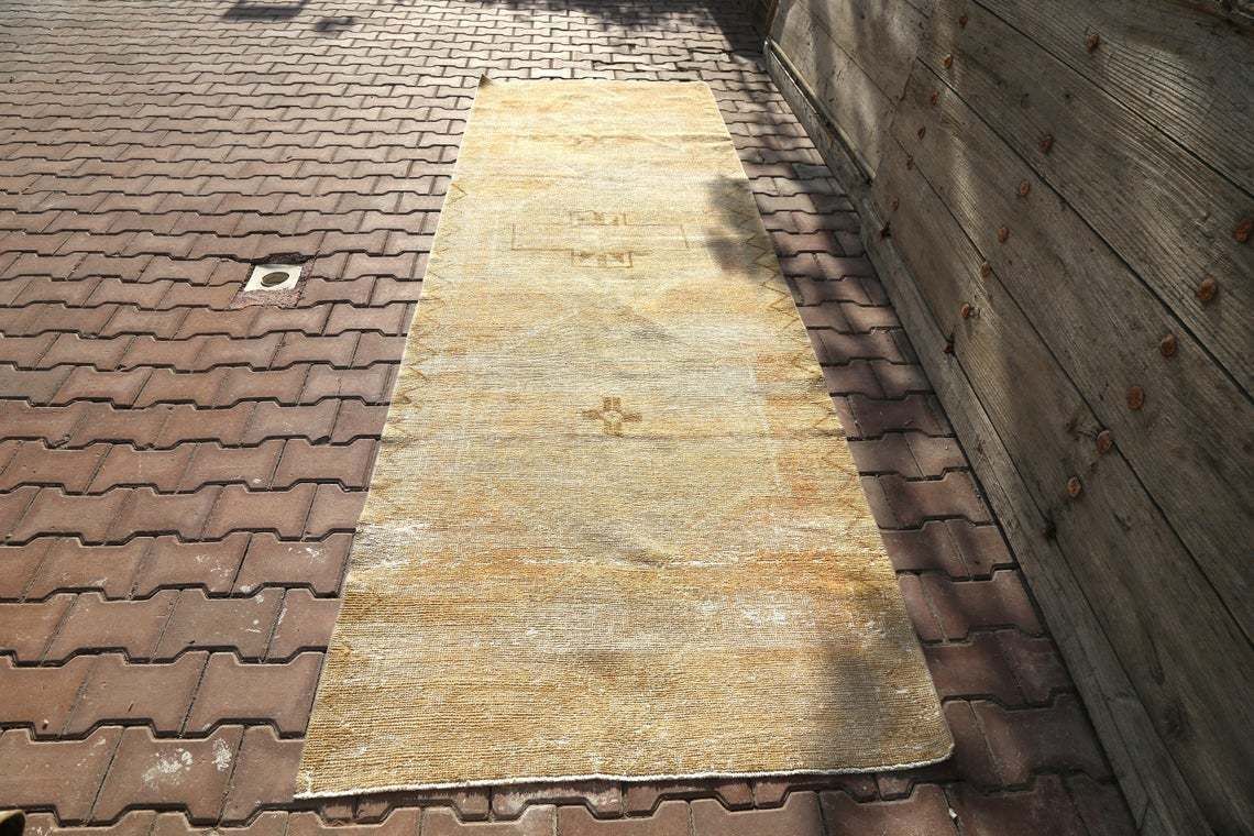 105x332 Cm Boho Chic Luxury Turkish Runner Rug, Long Runner Rug, Turkish Rug, Vintage Rug, Bohemian Rug, Wool Faded Beige Natural Home Decor