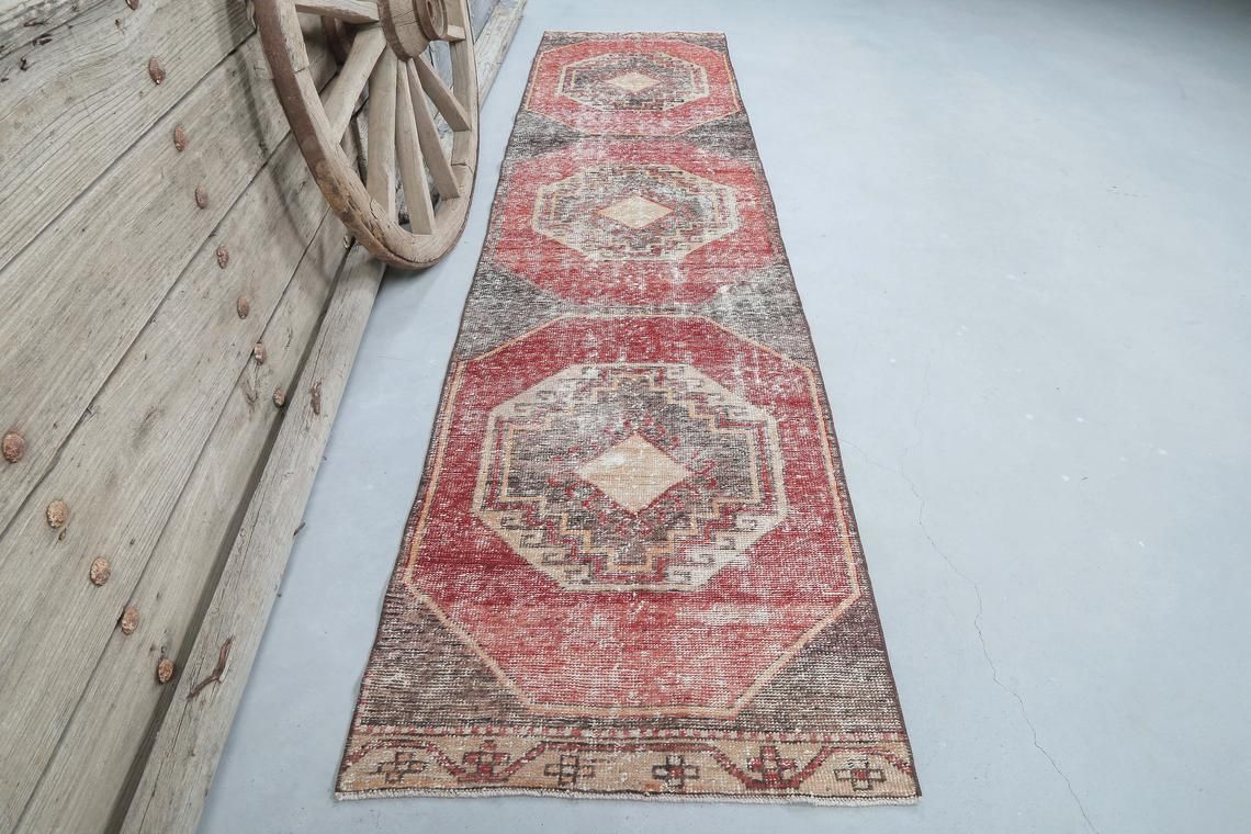 82x349 Cm Pastel Geometric Runner, Turkish Faded Red Oushak Runner Rug, Hallway Vintage Runner Handmade Runners, Kitchen Geometric Rugs photo furniture