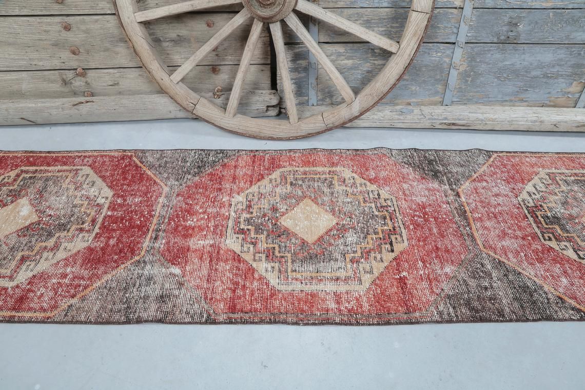 82x349 Cm Pastel Geometric Runner, Turkish Faded Red Oushak Runner Rug, Hallway Vintage Runner Handmade Runners, Kitchen Geometric Rugs photo Textiles