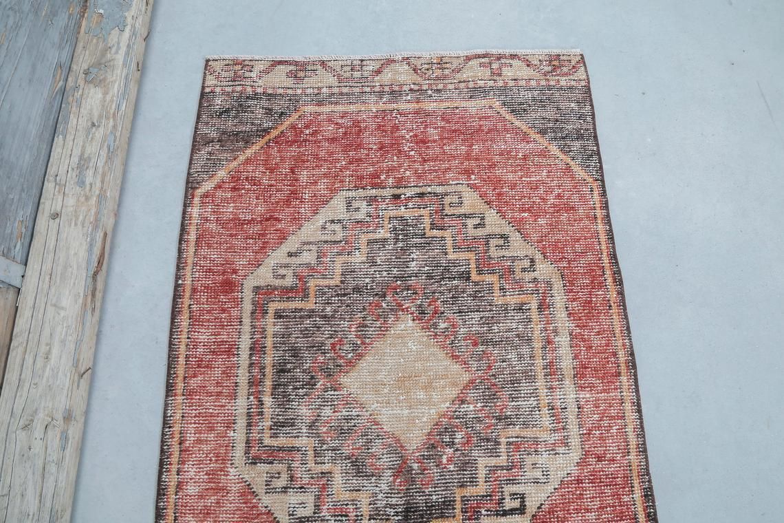82x349 Cm Pastel Geometric Runner, Turkish Faded Red Oushak Runner Rug, Hallway Vintage Runner Handmade Runners, Kitchen Geometric Rugs photo vinterior