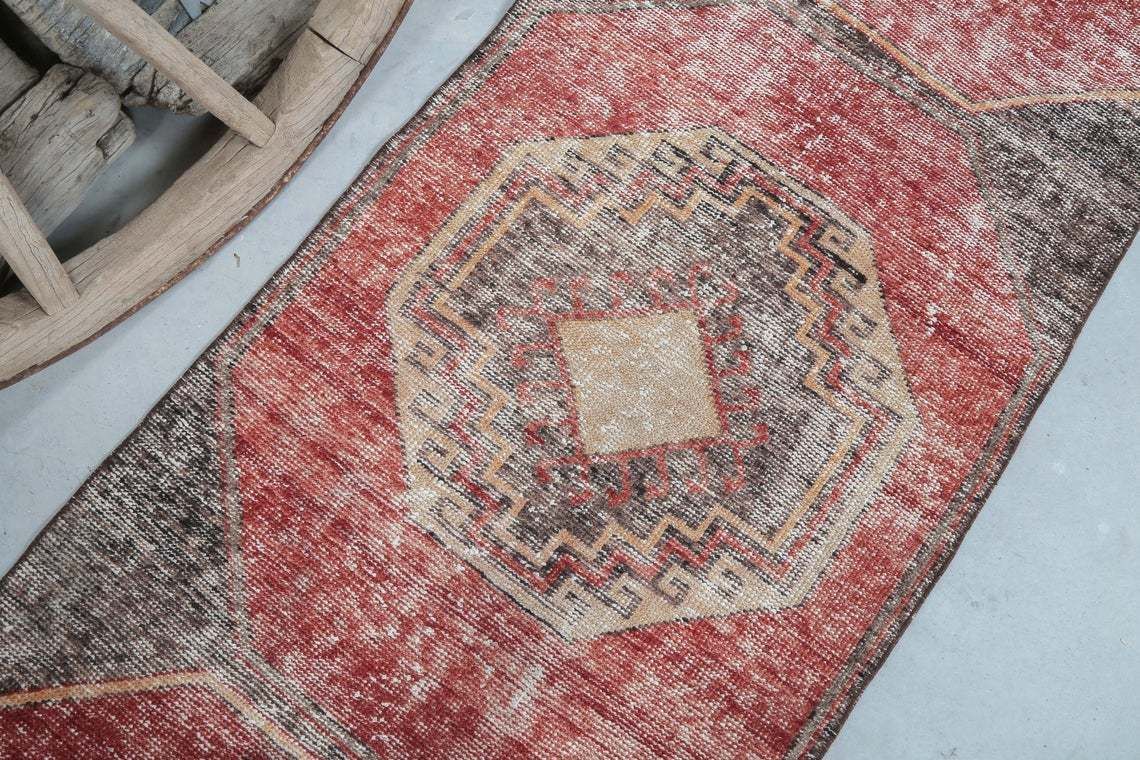 82x349 Cm Pastel Geometric Runner, Turkish Faded Red Oushak Runner Rug, Hallway Vintage Runner Handmade Runners, Kitchen Geometric Rugs photo buy