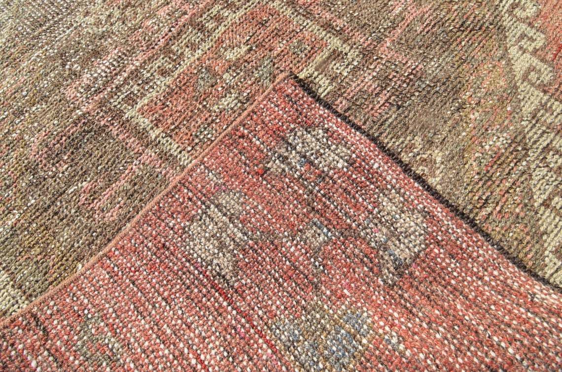 photo for sale 94x313 Cm Red Runner Rug, Geometric Faded Red Vintage Runner Rug, Handmade Rug, Oushak Rug, Faded Brown Diamond Wool Muted Rug, Luxury Rugs
