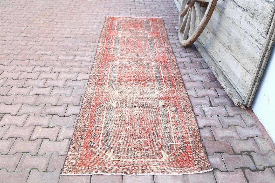 98x330 Cm Turkish Runner, Vintage Runner, Oushak Runner, Turkish Rug, Runner Rug, Vintage Rug, Faded Red, Rug Runner, Bohemian, Distressed