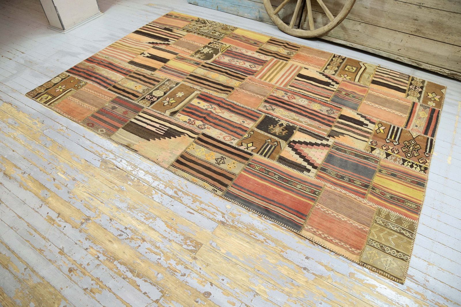 226x369 Cm Traditional Patchwork Kilim Rug, Beige Brown Colors, Natural Turkish Area Rug, Large Mid Century Modern Kilim Patchwork Rug photo furniture