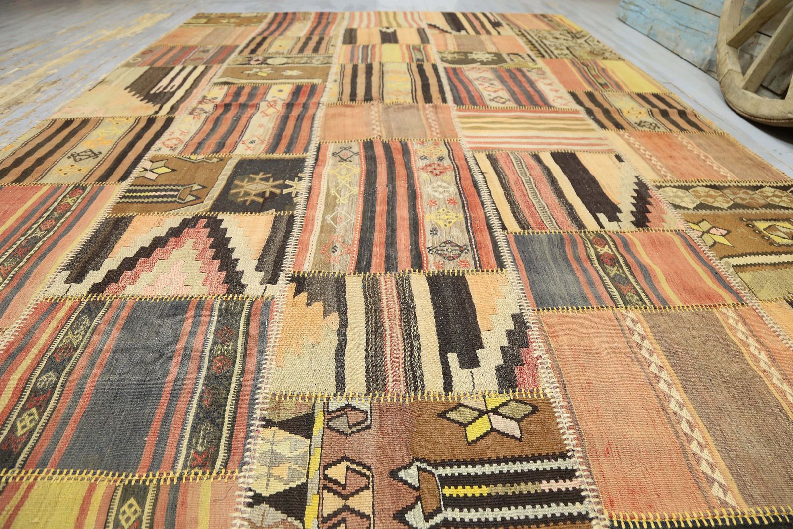 226x369 Cm Traditional Patchwork Kilim Rug, Beige Brown Colors, Natural Turkish Area Rug, Large Mid Century Modern Kilim Patchwork Rug photo for sale