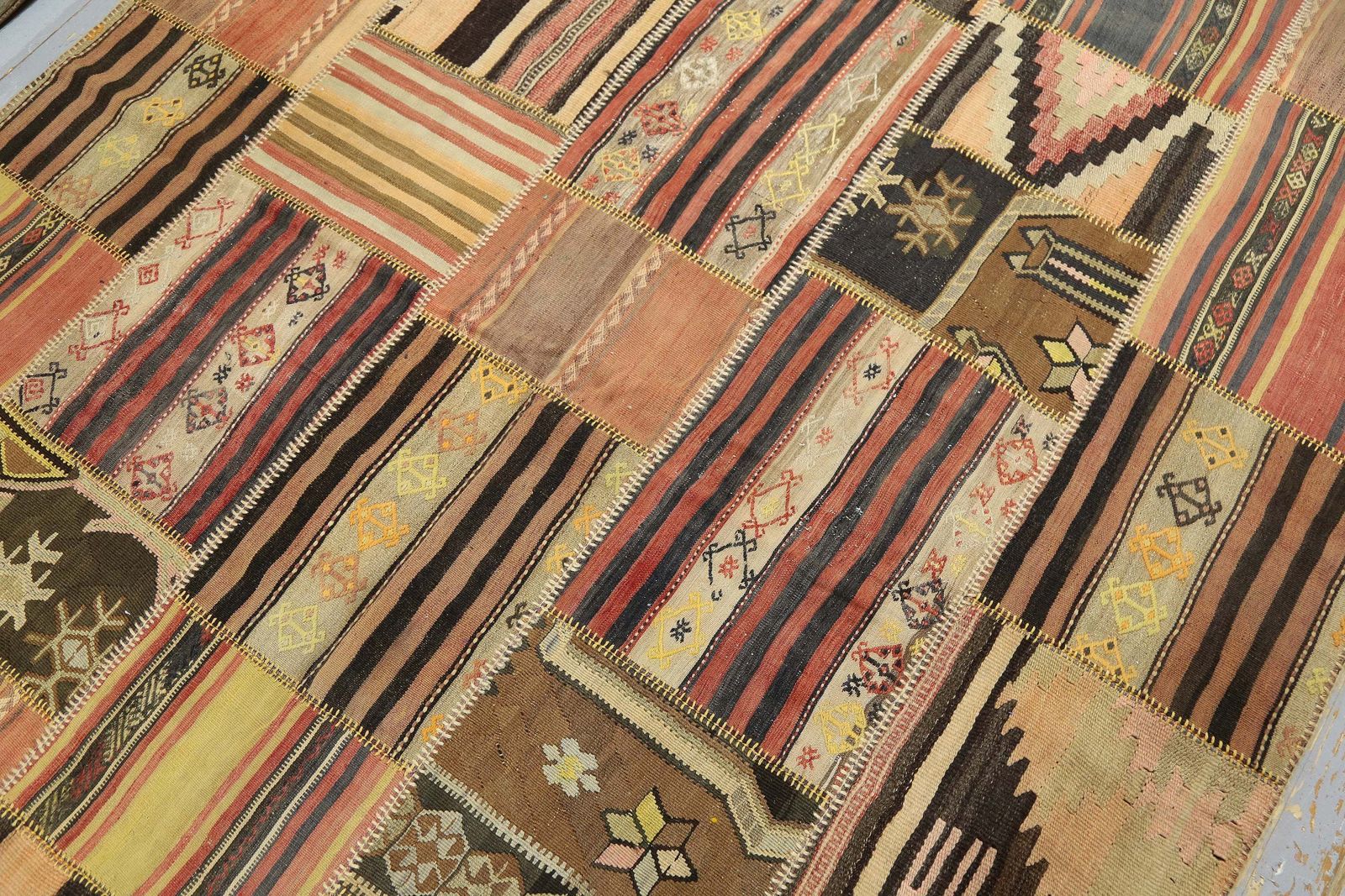 226x369 Cm Traditional Patchwork Kilim Rug, Beige Brown Colors, Natural Turkish Area Rug, Large Mid Century Modern Kilim Patchwork Rug photo vintage