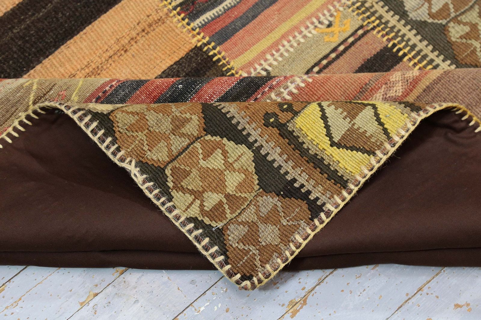 photo furniture 226x369 Cm Traditional Patchwork Kilim Rug, Beige Brown Colors, Natural Turkish Area Rug, Large Mid Century Modern Kilim Patchwork Rug