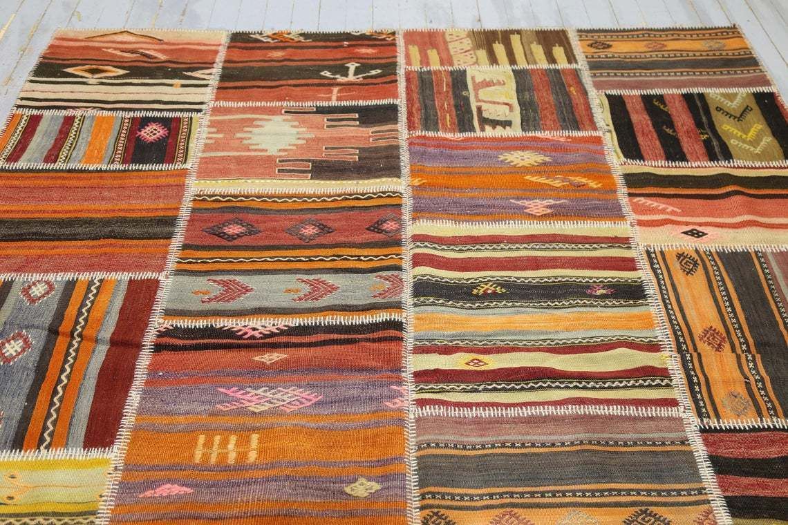 Special Design Patchwork Kilim Rug Vintage Handmade Patch Rugs Oushak Anatolian Teppich Vintage Carpet Tapis Aztec Style Boho 6.7x10 Ft photo Textiles