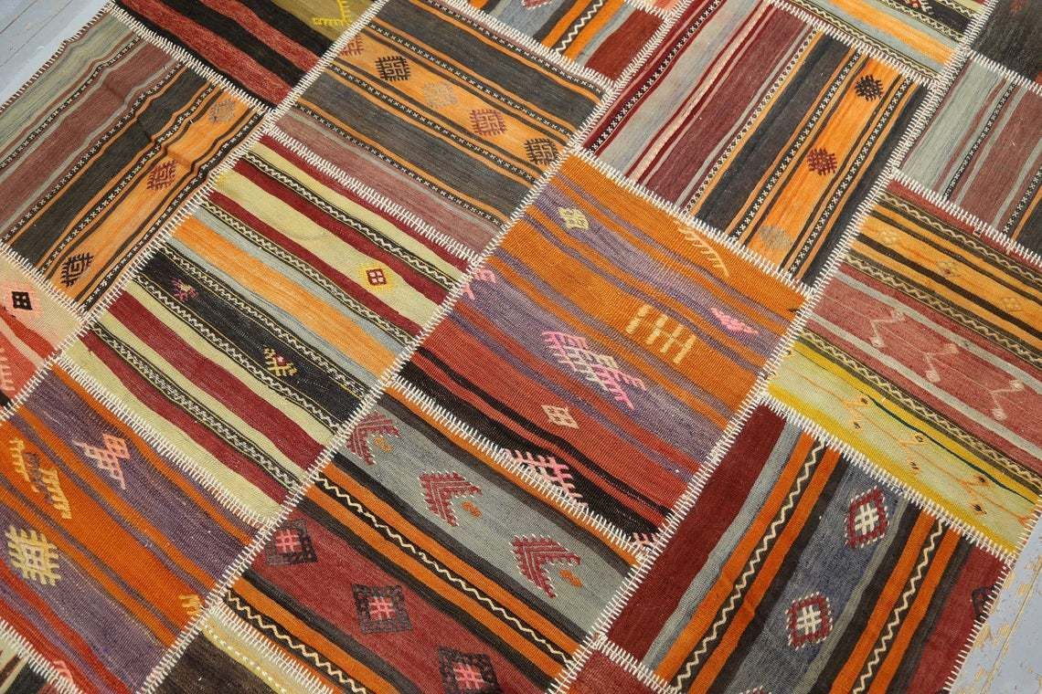 Special Design Patchwork Kilim Rug Vintage Handmade Patch Rugs Oushak Anatolian Teppich Vintage Carpet Tapis Aztec Style Boho 6.7x10 Ft photo vinterior