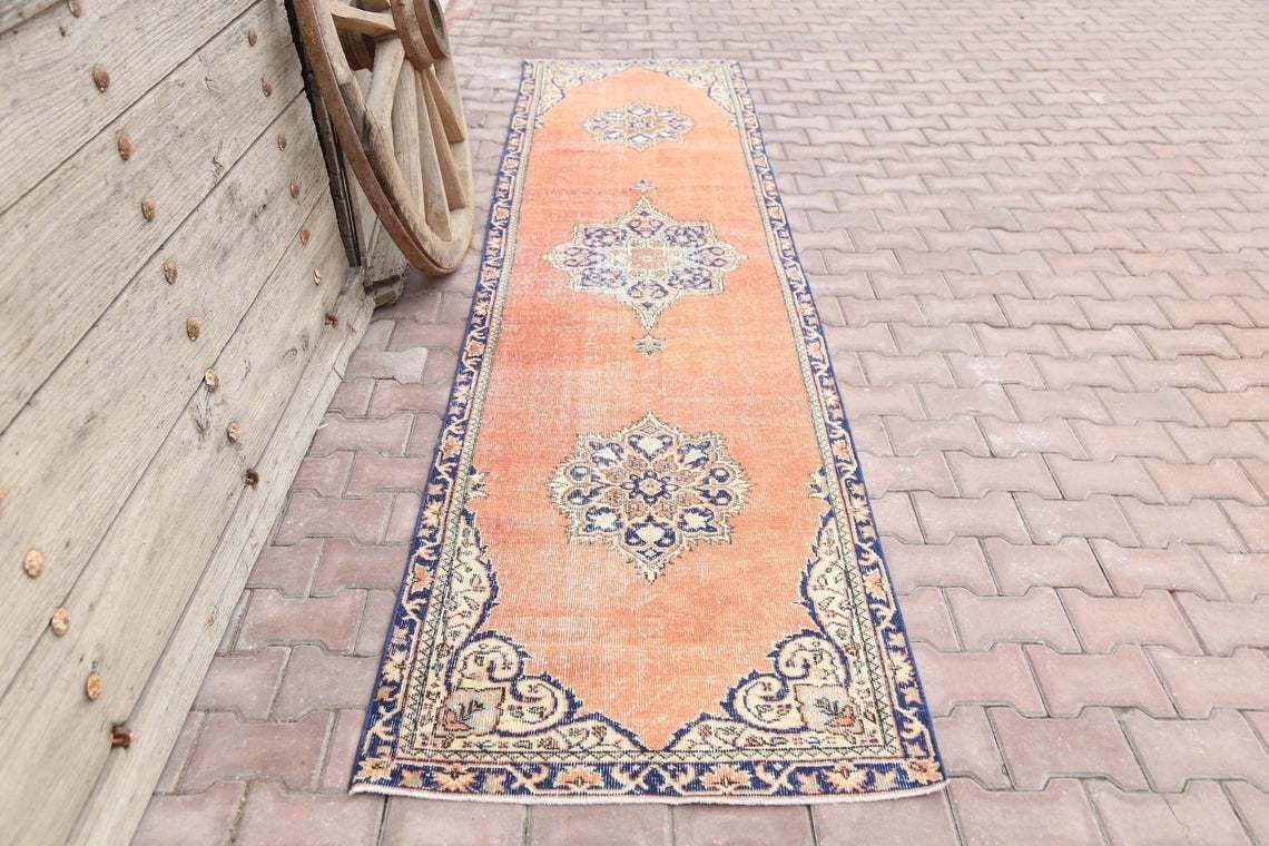 86x369 Cm Turkish Runner Rug, Vintage Oushak Runner Rug, Bohemian Rug, Wool Rug, Home Decor, Boho Rug, Carpet Orange Faded Navy Blue photo furniture