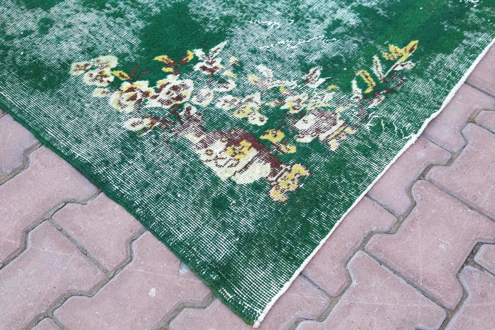 208x338 Cm Turkish Rug, Distressed, Oushak, Green, Area Rug, Wool Rug, Oriental Rug, Home Decor, Turkey Rug, Green Rug, Floral photo vinterior