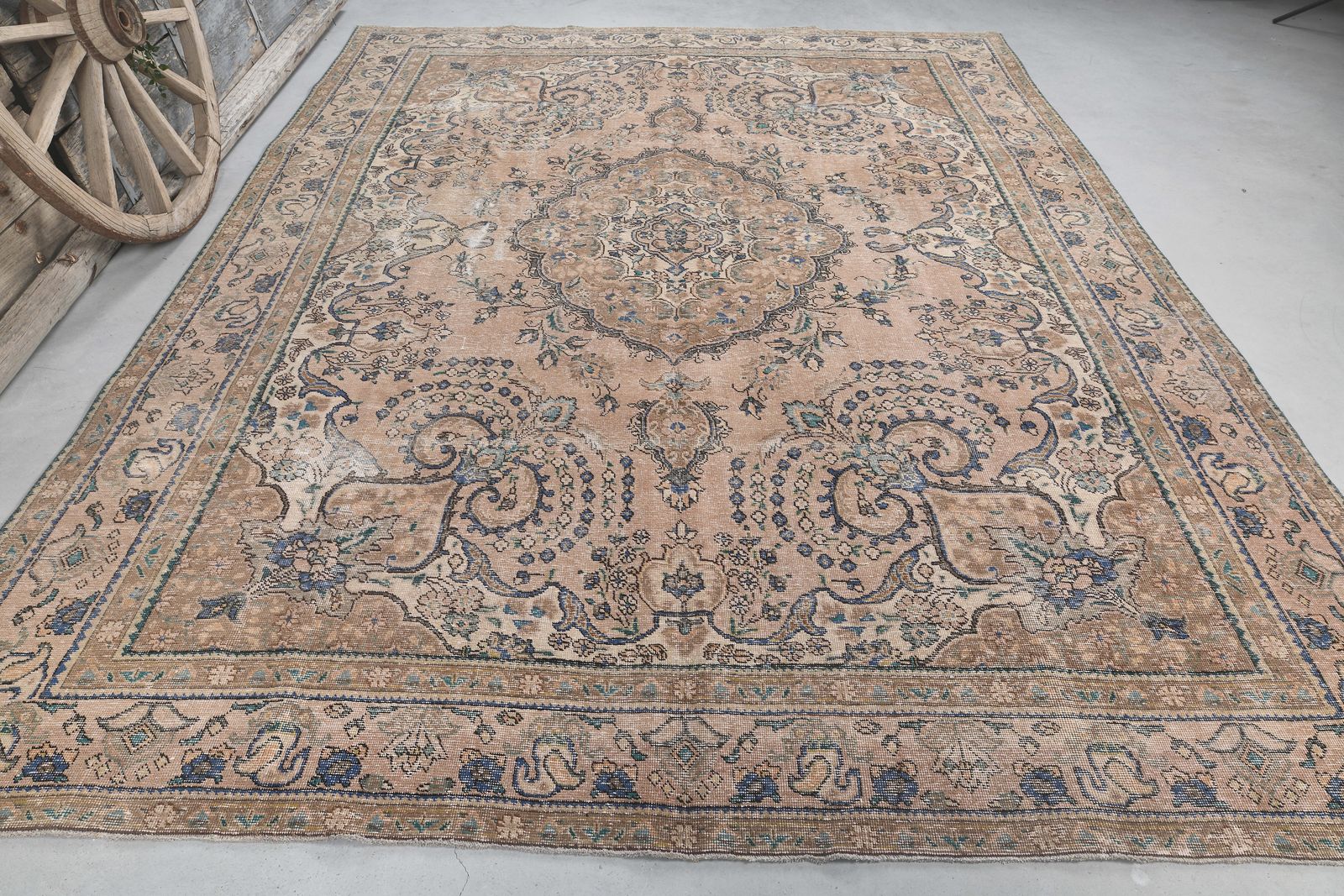 288x378 Cm Faded Beige Brown Turkish Rug, Vintage Rug, Wool Handmade Rug, Oriental Rug, Home Decor Living Room Rug Extra Large Navy Blue Motif