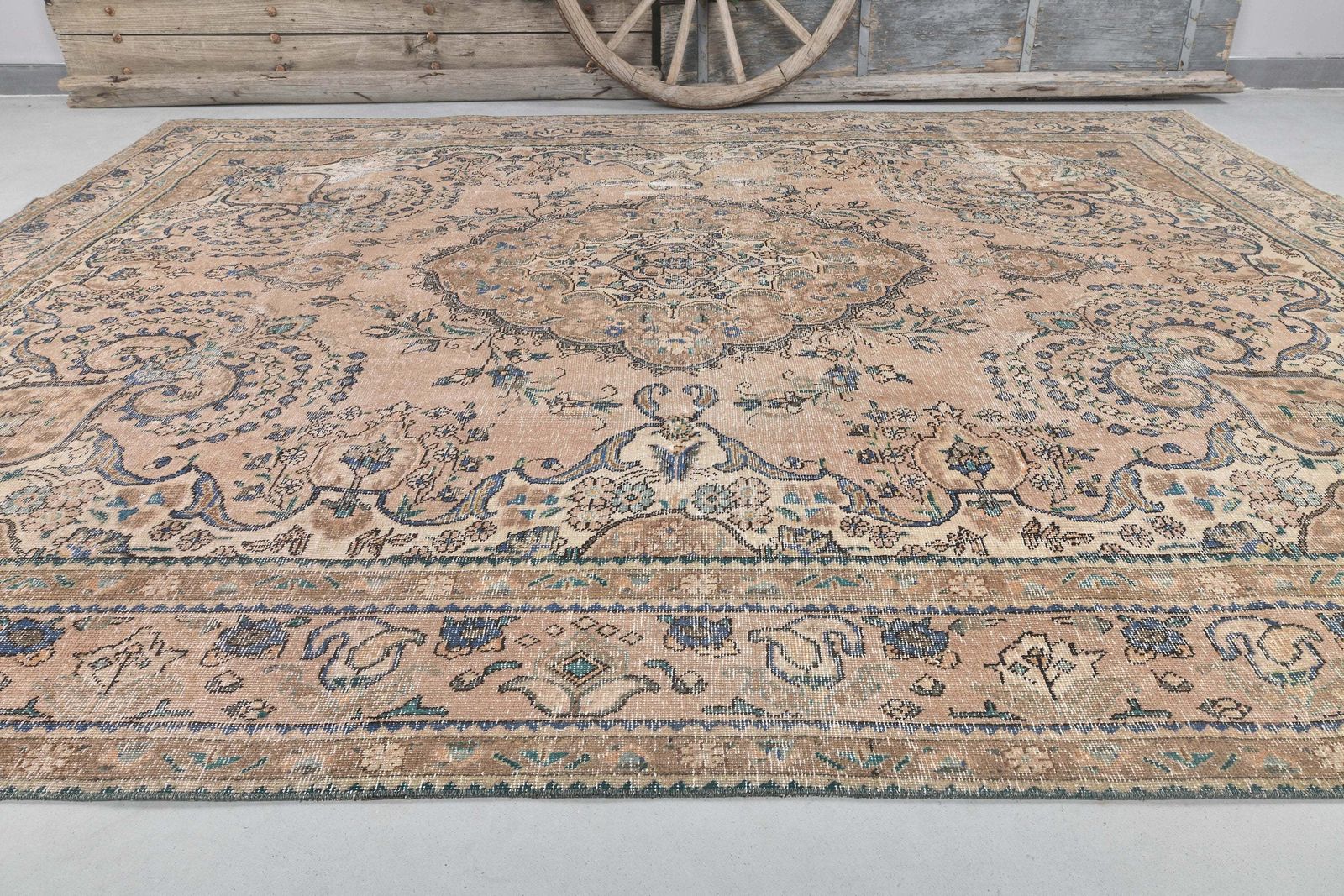 288x378 Cm Faded Beige Brown Turkish Rug, Vintage Rug, Wool Handmade Rug, Oriental Rug, Home Decor Living Room Rug Extra Large Navy Blue Motif photo 3223.0